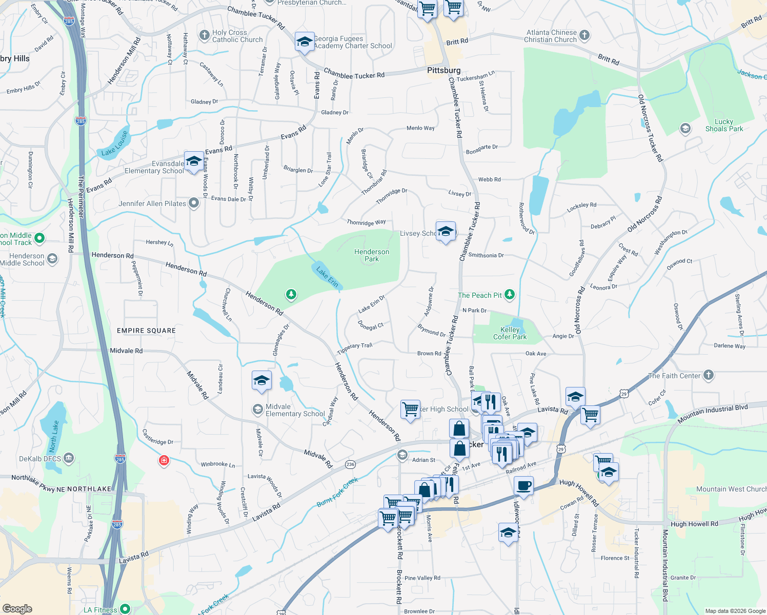 map of restaurants, bars, coffee shops, grocery stores, and more near 3947 Brown Rd in Tucker