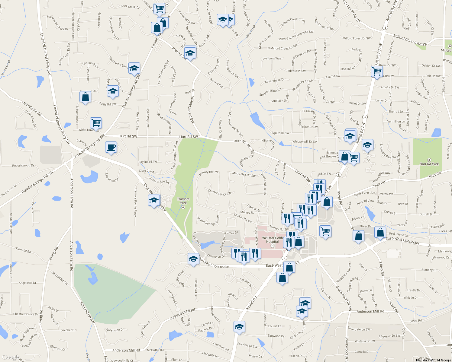 map of restaurants, bars, coffee shops, grocery stores, and more near 3660 Merry Oak Dr SW in Marietta