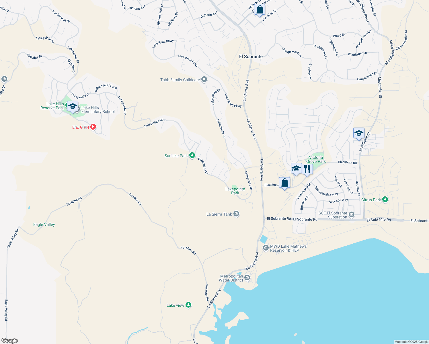 map of restaurants, bars, coffee shops, grocery stores, and more near 17640 Mountain Court in Riverside