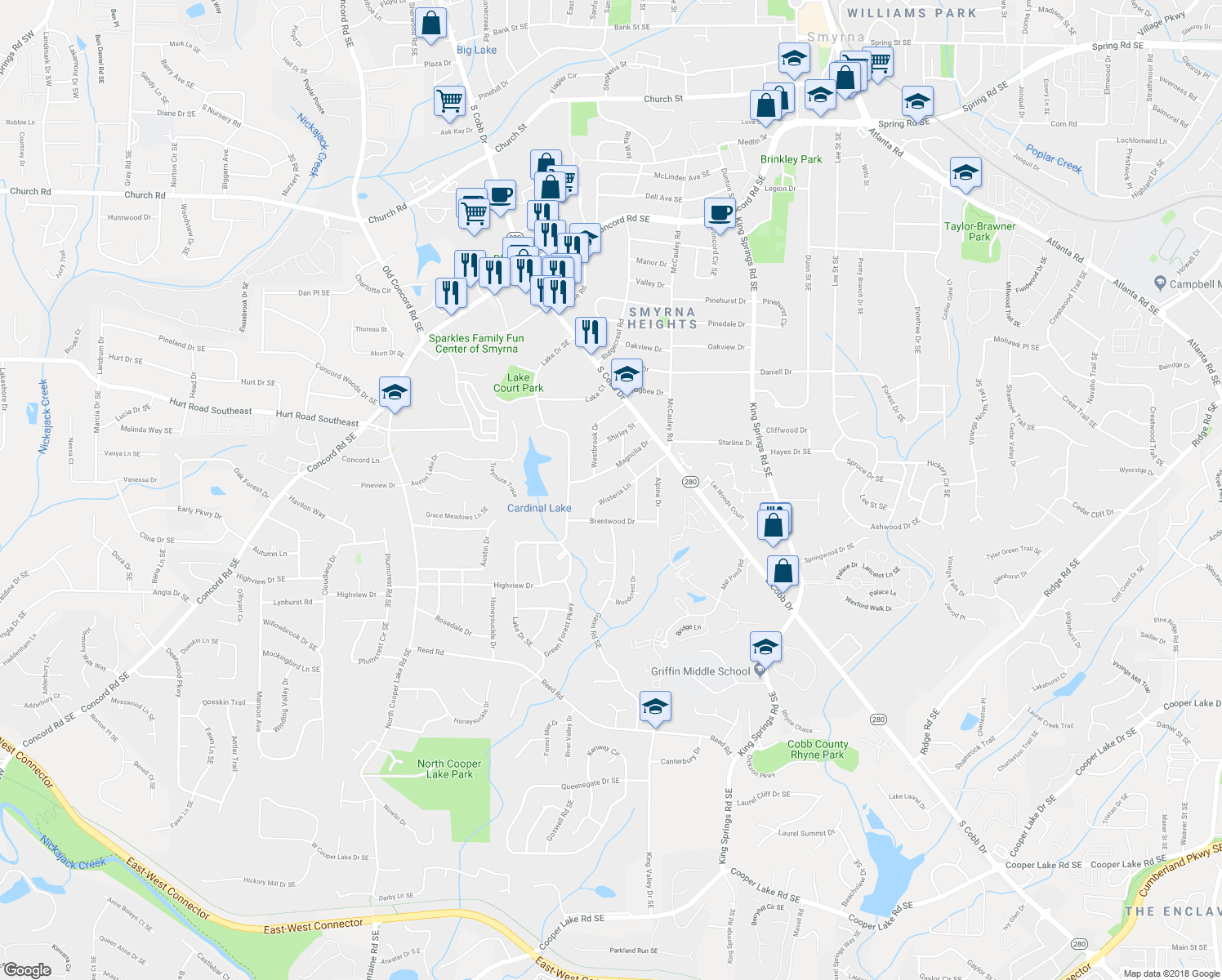 map of restaurants, bars, coffee shops, grocery stores, and more near 3678 Wisteria Lane in Smyrna
