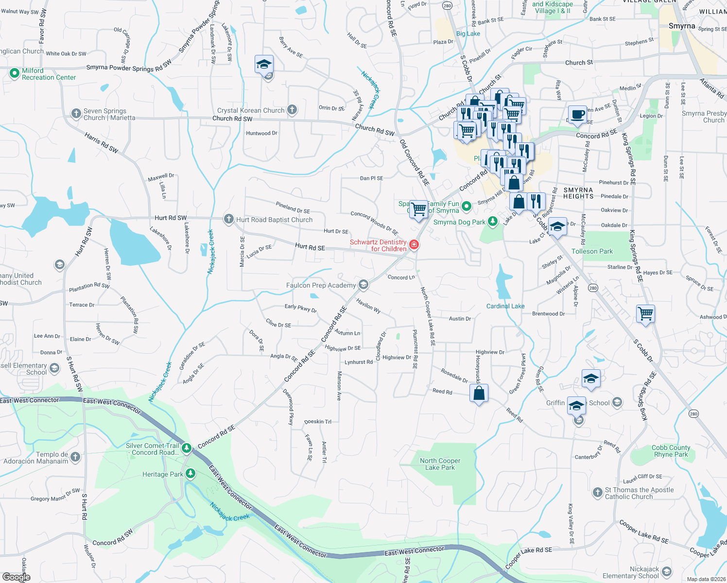 map of restaurants, bars, coffee shops, grocery stores, and more near 370 Ashley Court in Smyrna