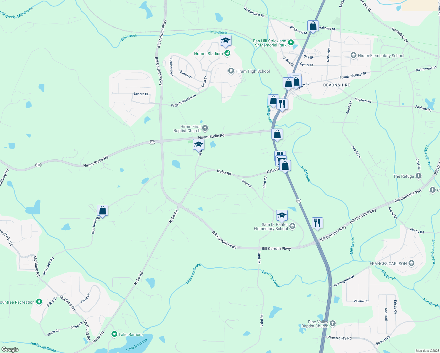 map of restaurants, bars, coffee shops, grocery stores, and more near 7606 Nebo Road in Hiram