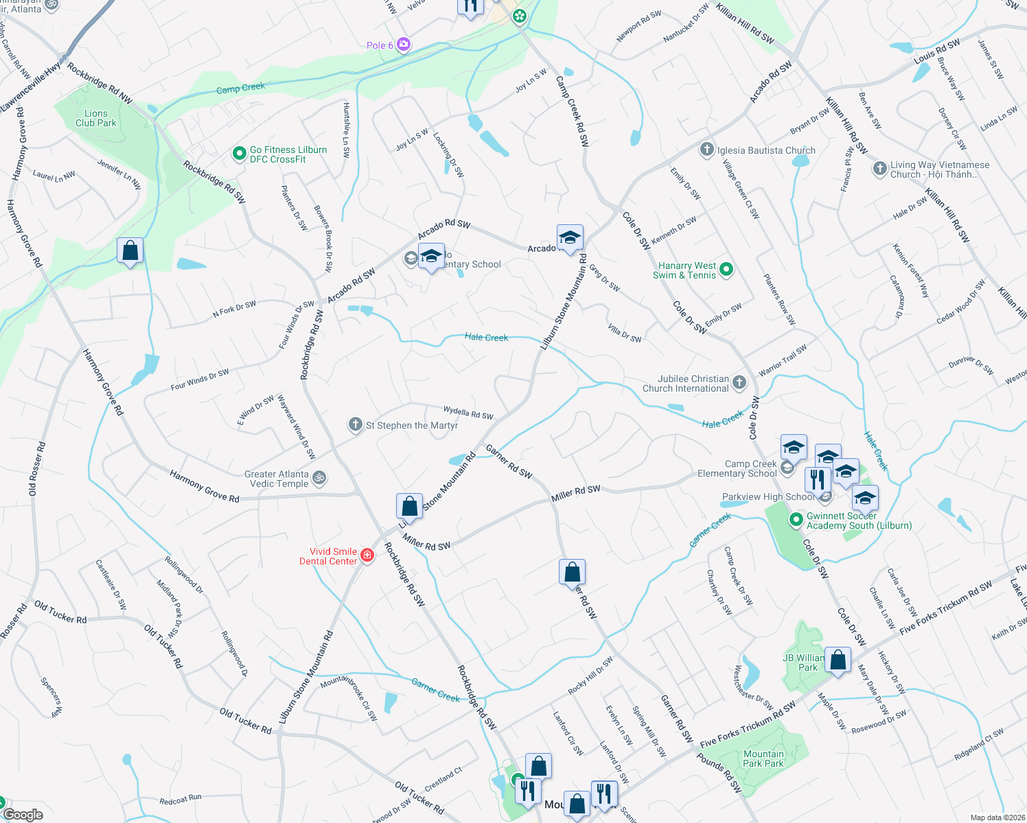 map of restaurants, bars, coffee shops, grocery stores, and more near 5091 Lilburn Stone Mountain Rd in Lilburn