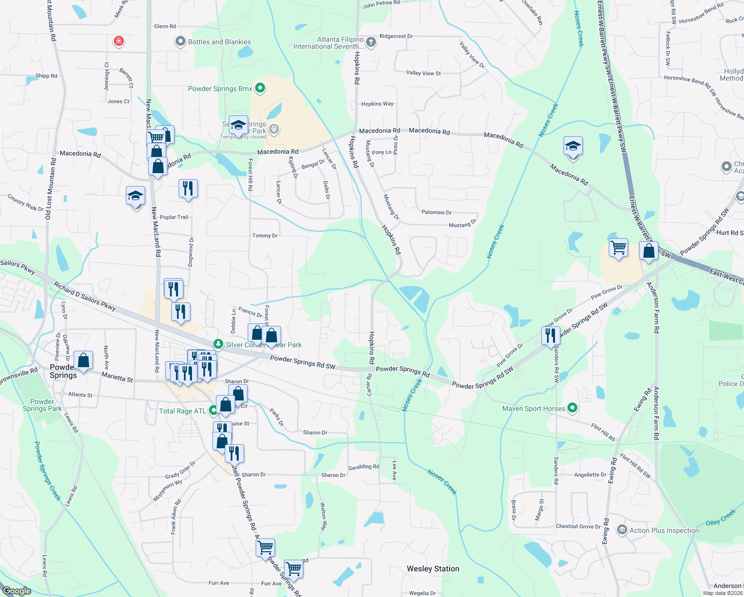 map of restaurants, bars, coffee shops, grocery stores, and more near 3650 Hopkins Rd in Powder Springs