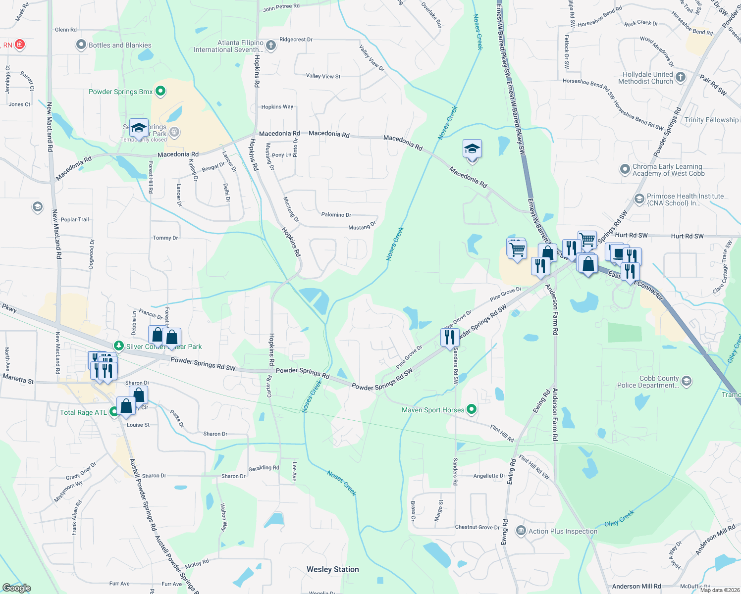 map of restaurants, bars, coffee shops, grocery stores, and more near 3703 Lockerbie Ln in Powder Springs