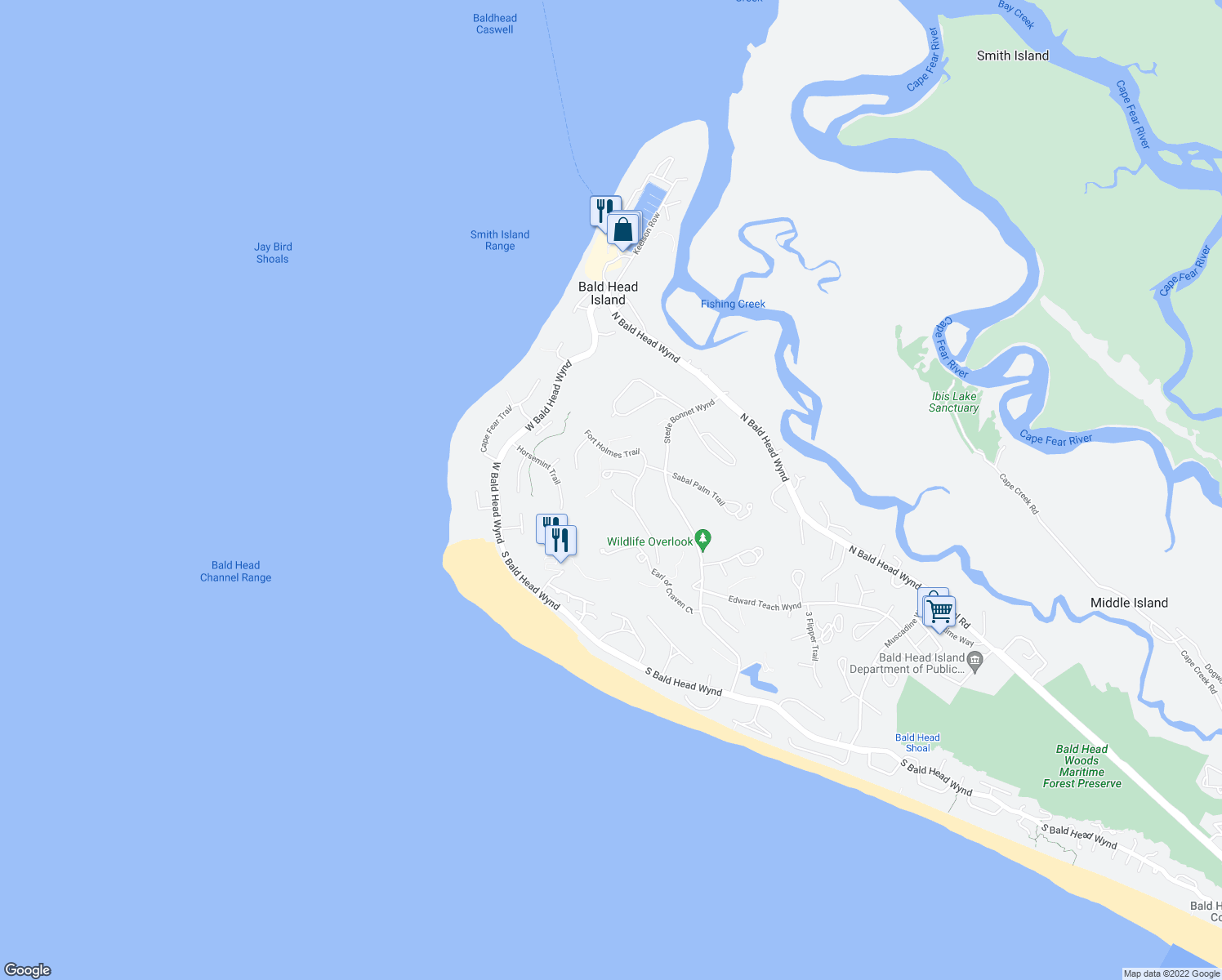map of restaurants, bars, coffee shops, grocery stores, and more near 16 Musket Court in Bald Head Island