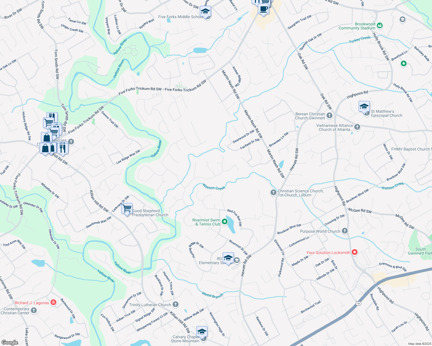 map of restaurants, bars, coffee shops, grocery stores, and more near 3527 Starwood Trail Southwest in Lilburn