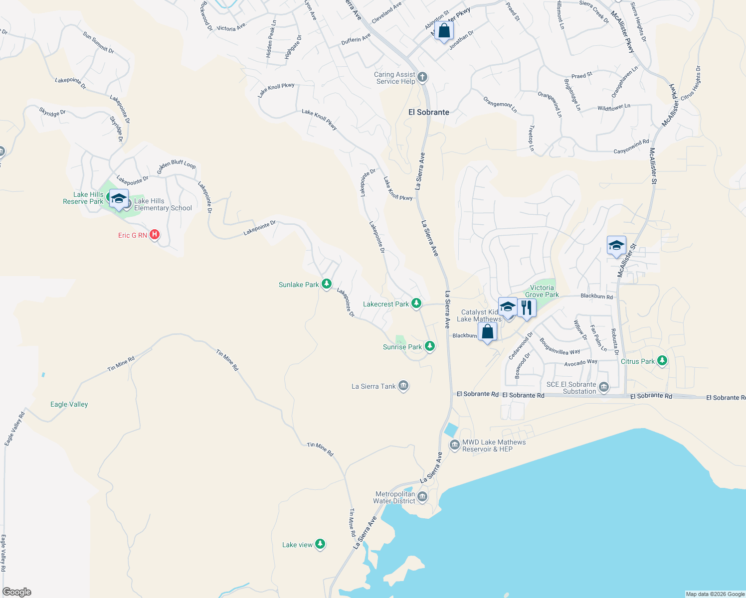 map of restaurants, bars, coffee shops, grocery stores, and more near 17586 Mountain Court in Riverside