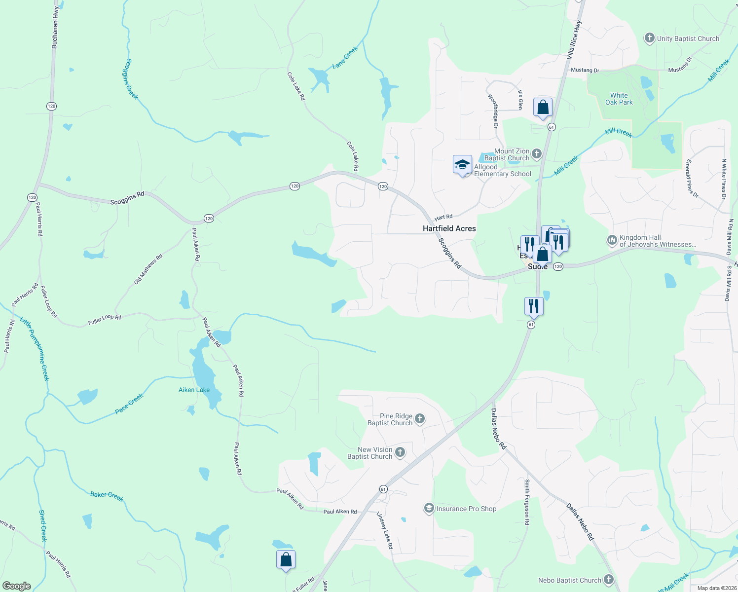 map of restaurants, bars, coffee shops, grocery stores, and more near 144 Paces Overlook Trace in Dallas