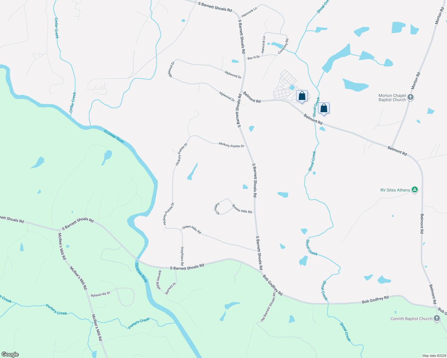 map of restaurants, bars, coffee shops, grocery stores, and more near 4894 South Barnett Shoals Road in Athens