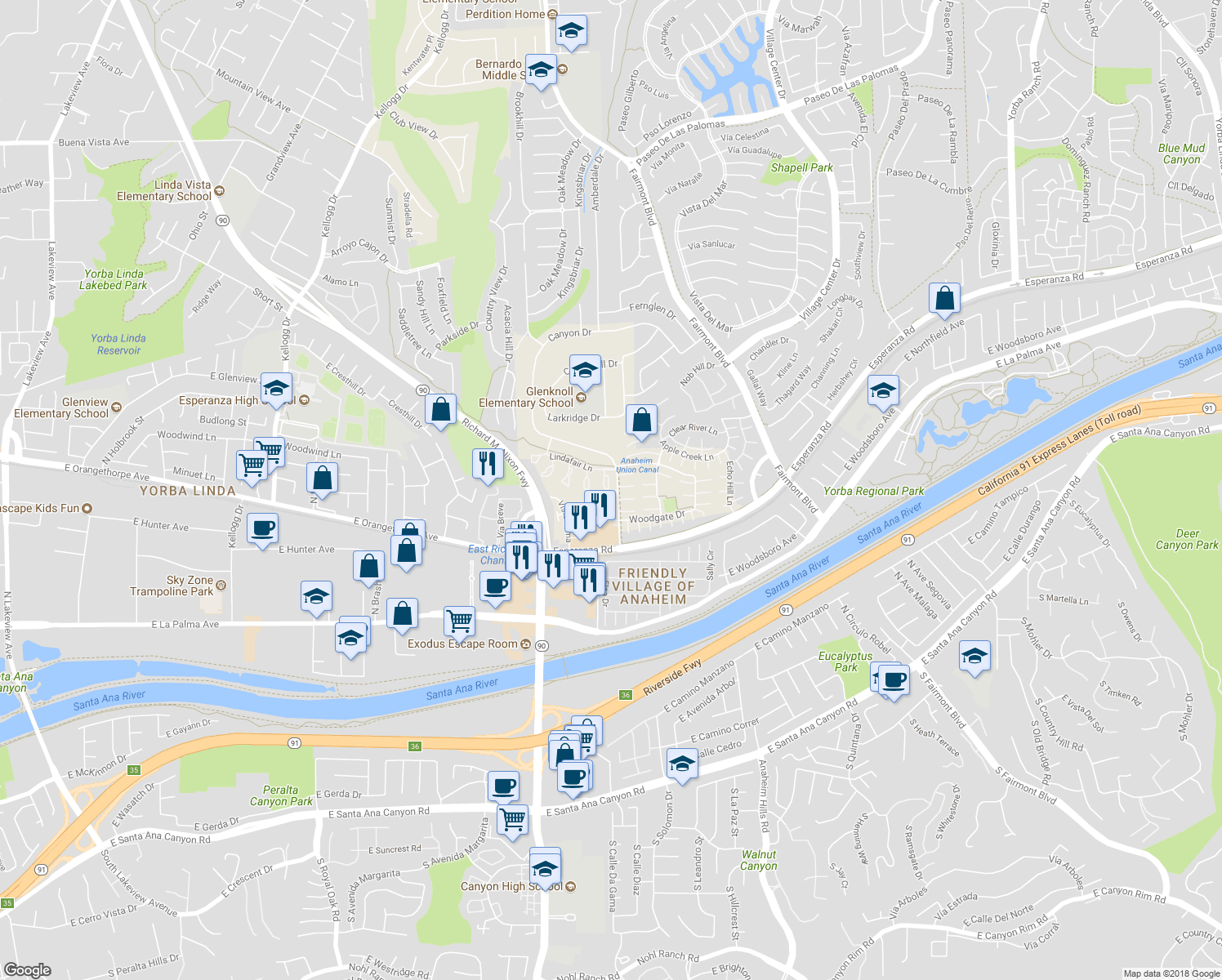 map of restaurants, bars, coffee shops, grocery stores, and more near 6723 Palamino Circle in Yorba Linda