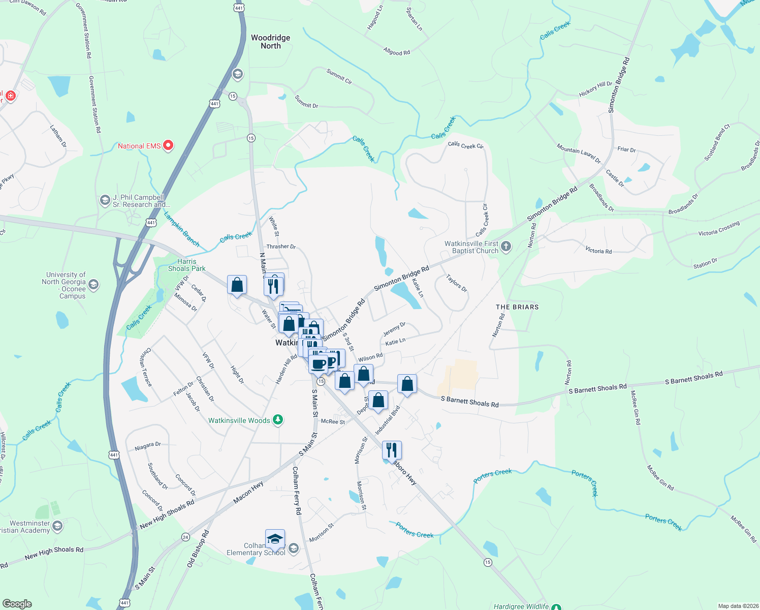 map of restaurants, bars, coffee shops, grocery stores, and more near 24 Spring Circle in Watkinsville