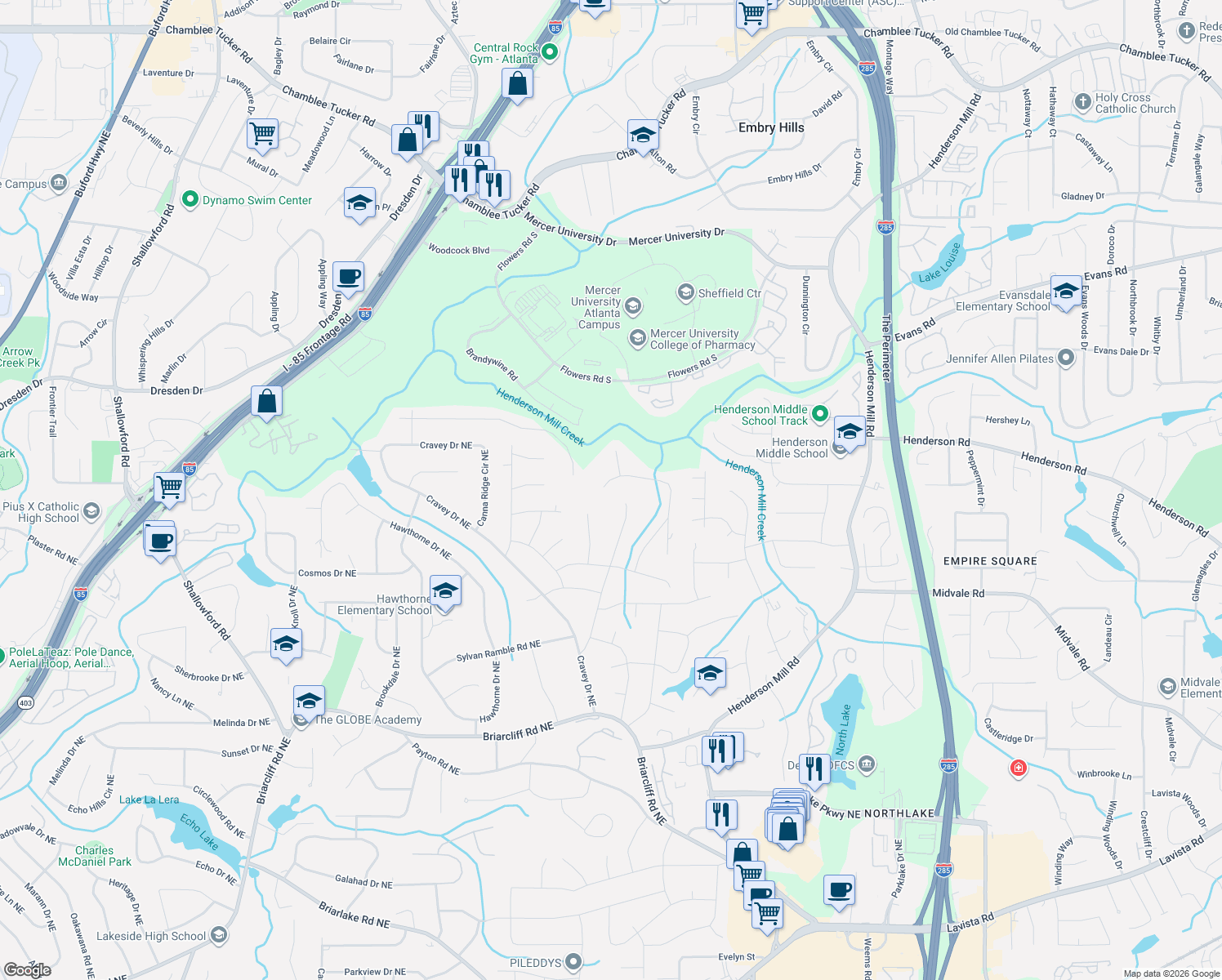 map of restaurants, bars, coffee shops, grocery stores, and more near 2792 Rangewood Drive Northeast in Atlanta