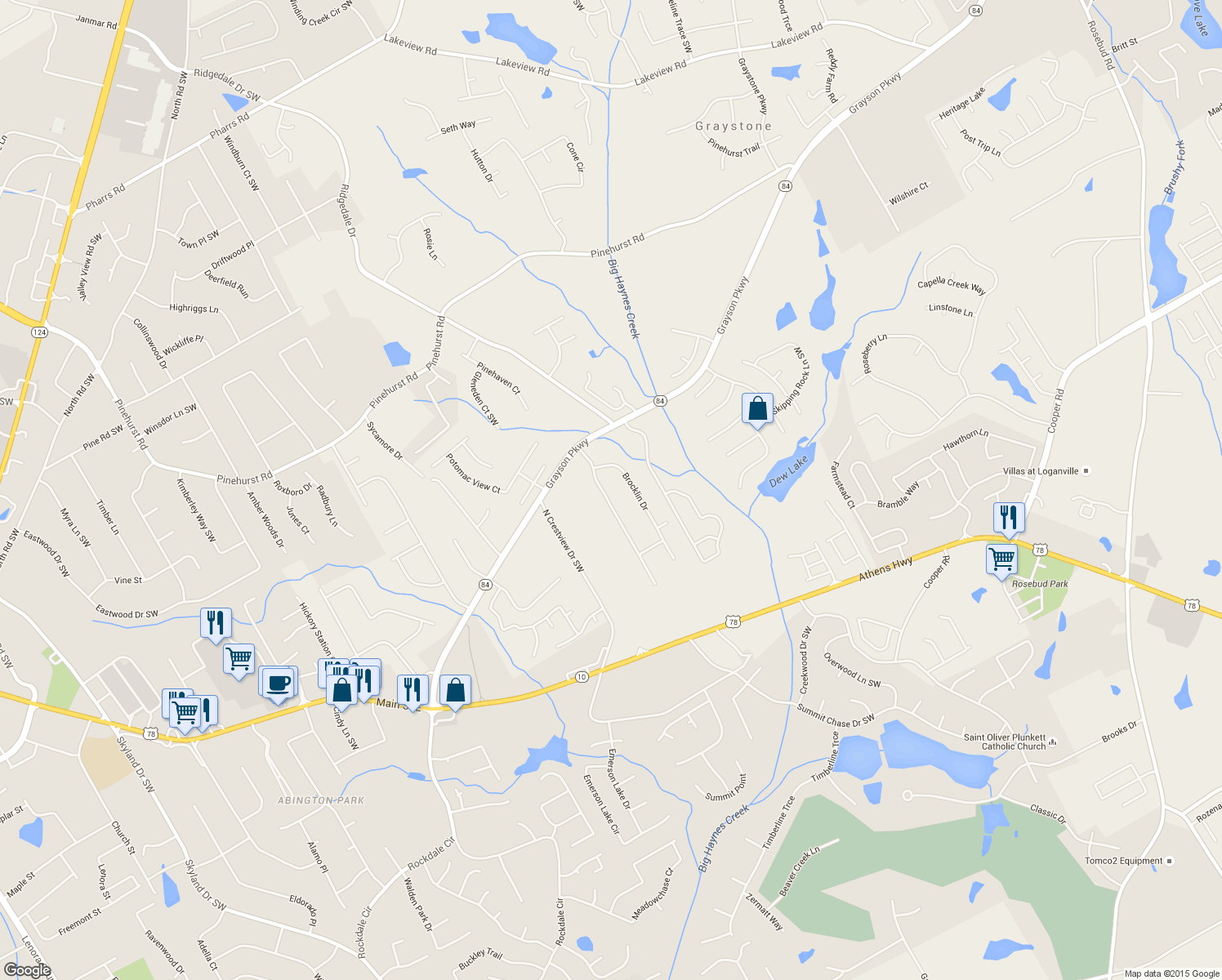 map of restaurants, bars, coffee shops, grocery stores, and more near 2530 Falcon Ridge Drive Southwest in Grayson