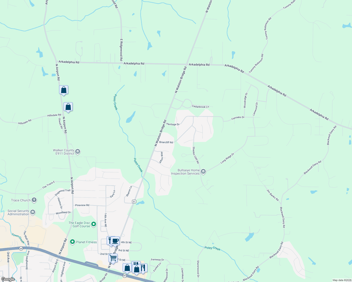map of restaurants, bars, coffee shops, grocery stores, and more near 2447 Briarcliff Road in Jasper