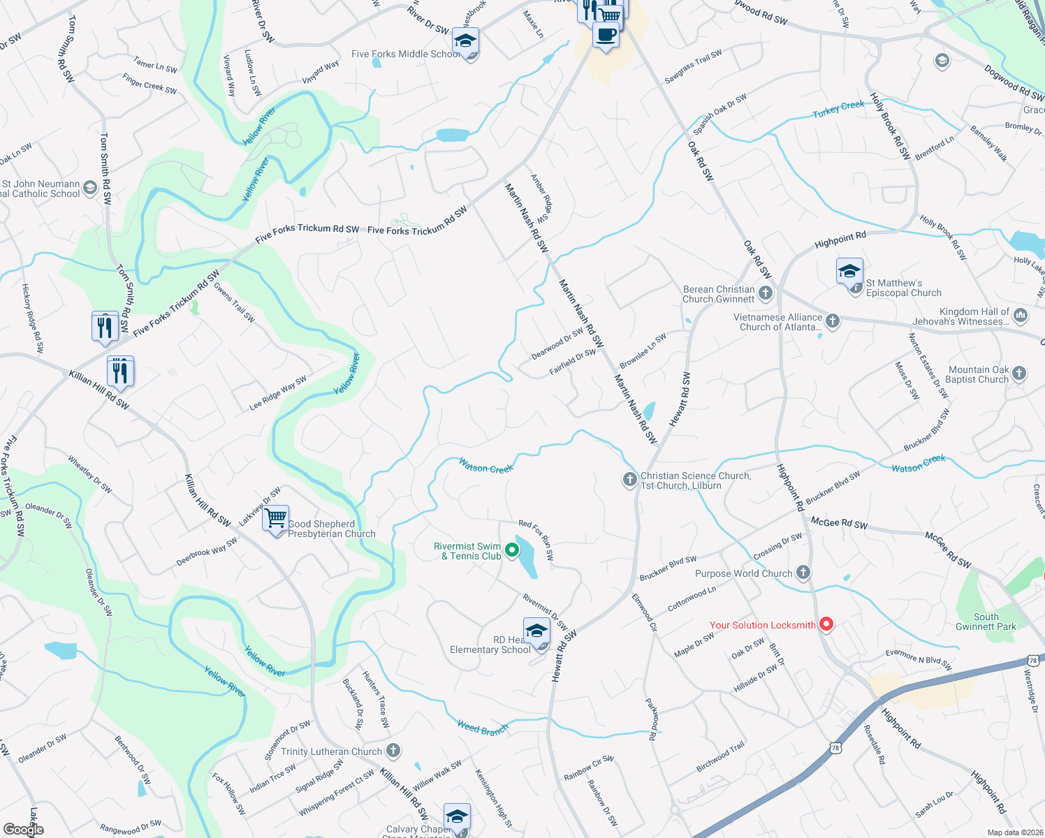 map of restaurants, bars, coffee shops, grocery stores, and more near 1432 Hartman Drive Southwest in Lilburn