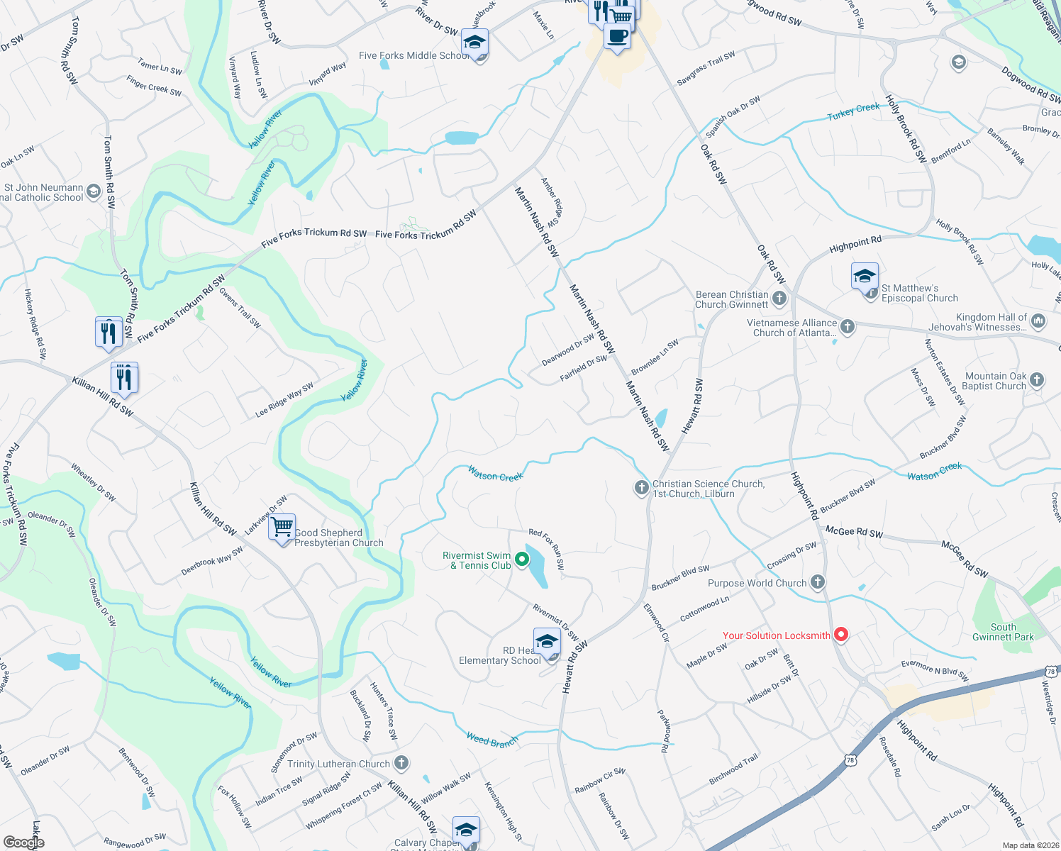 map of restaurants, bars, coffee shops, grocery stores, and more near 1432 Hartman Drive Southwest in Lilburn