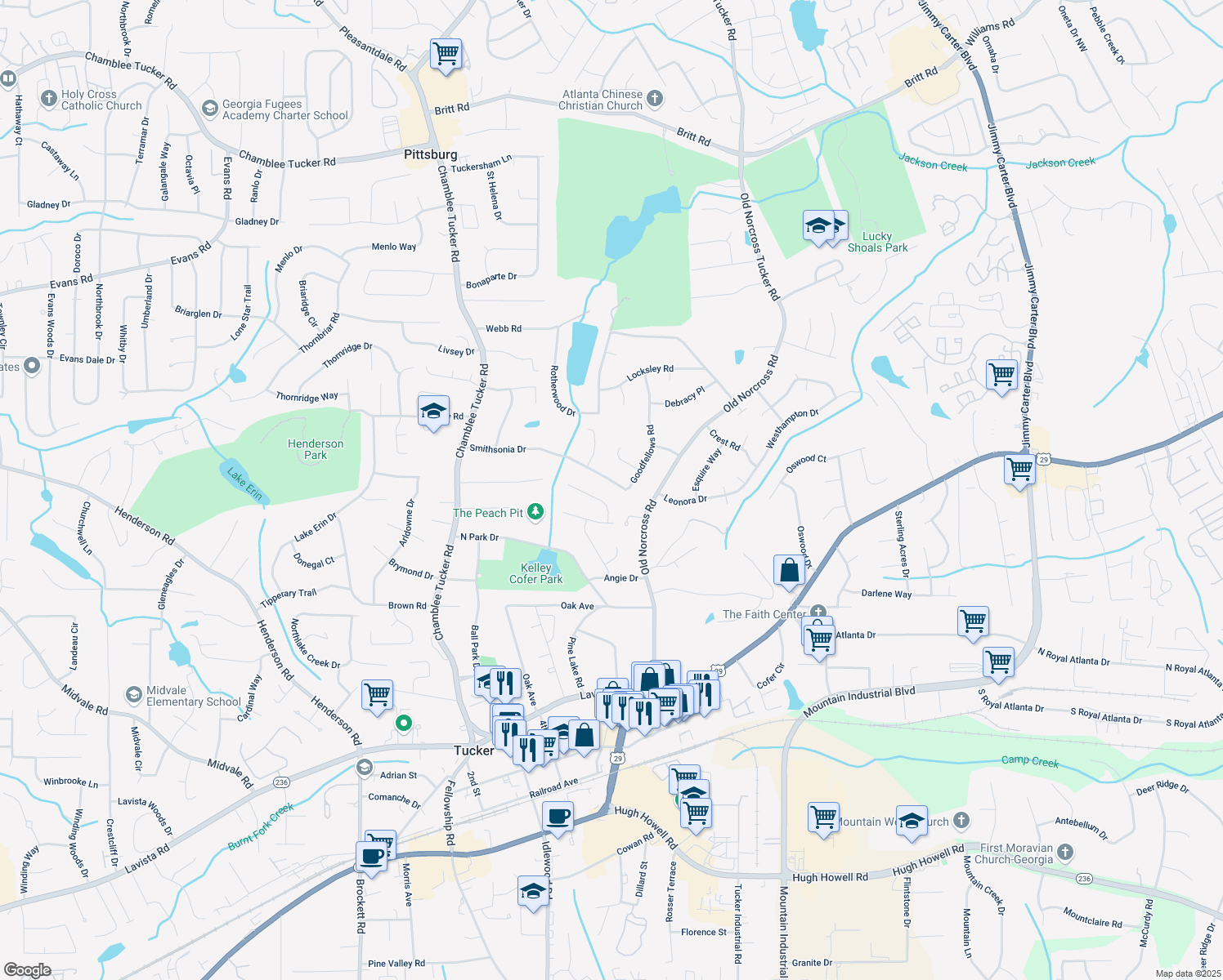 map of restaurants, bars, coffee shops, grocery stores, and more near 2687 Goodfellows Rd in Tucker
