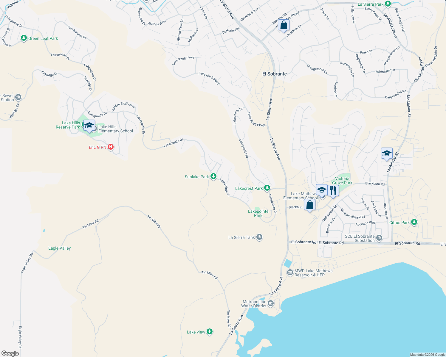 map of restaurants, bars, coffee shops, grocery stores, and more near 17474 Blue Water Court in Riverside