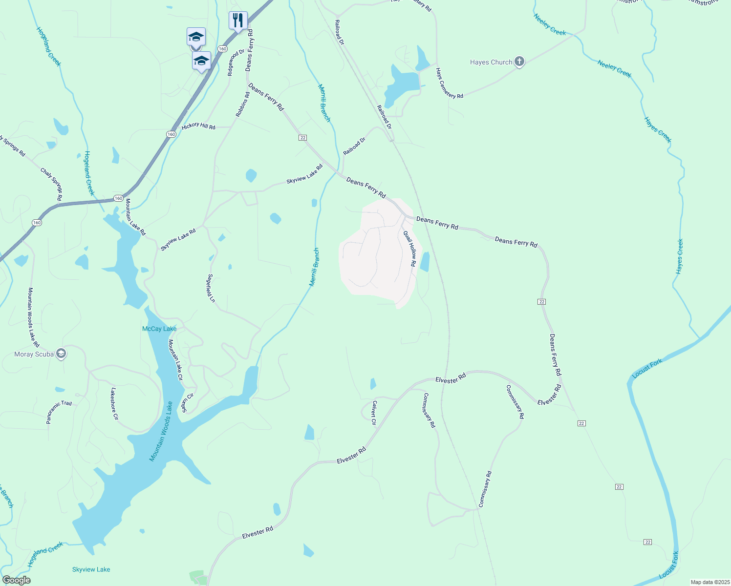 map of restaurants, bars, coffee shops, grocery stores, and more near 327 Miranda Road in Warrior