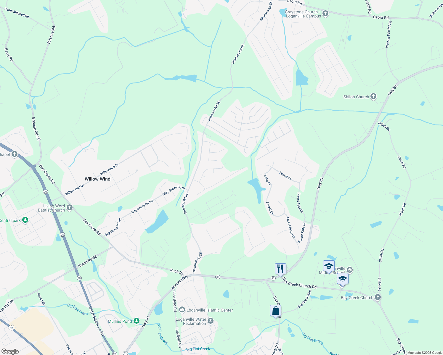 map of restaurants, bars, coffee shops, grocery stores, and more near 892 Creek Bottom Road Southwest in Loganville