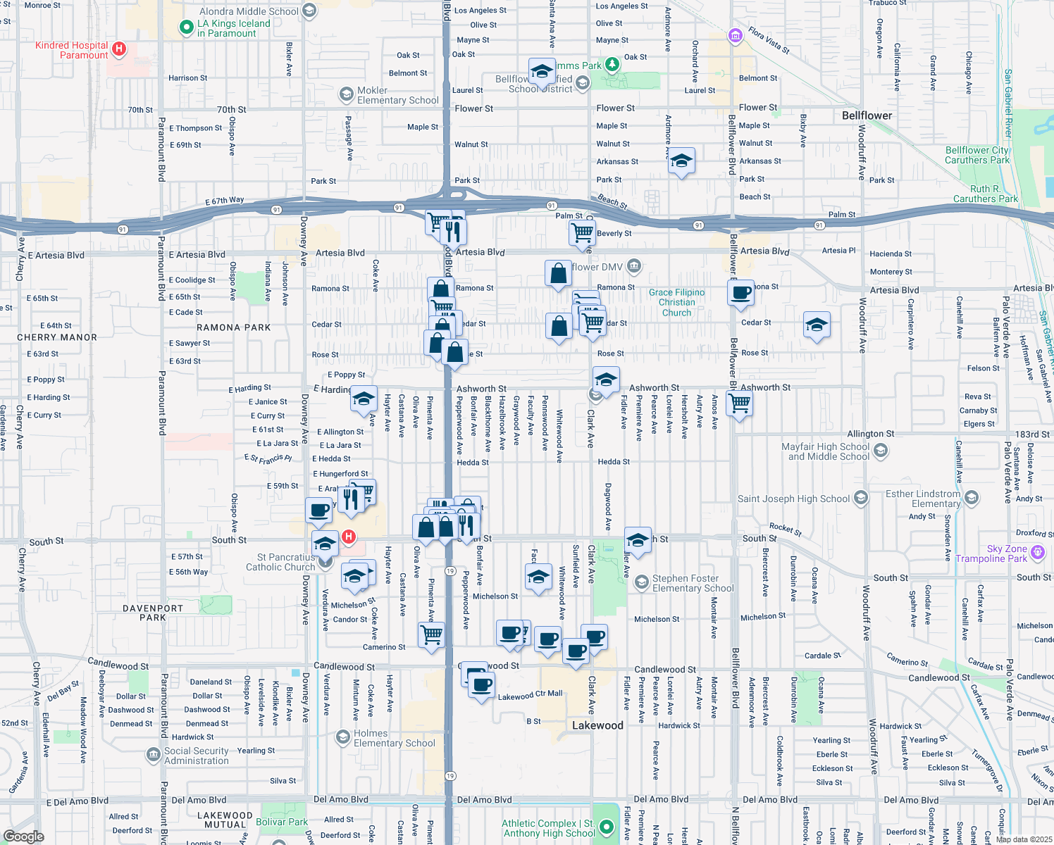 map of restaurants, bars, coffee shops, grocery stores, and more near 6107 Faculty Avenue in Lakewood