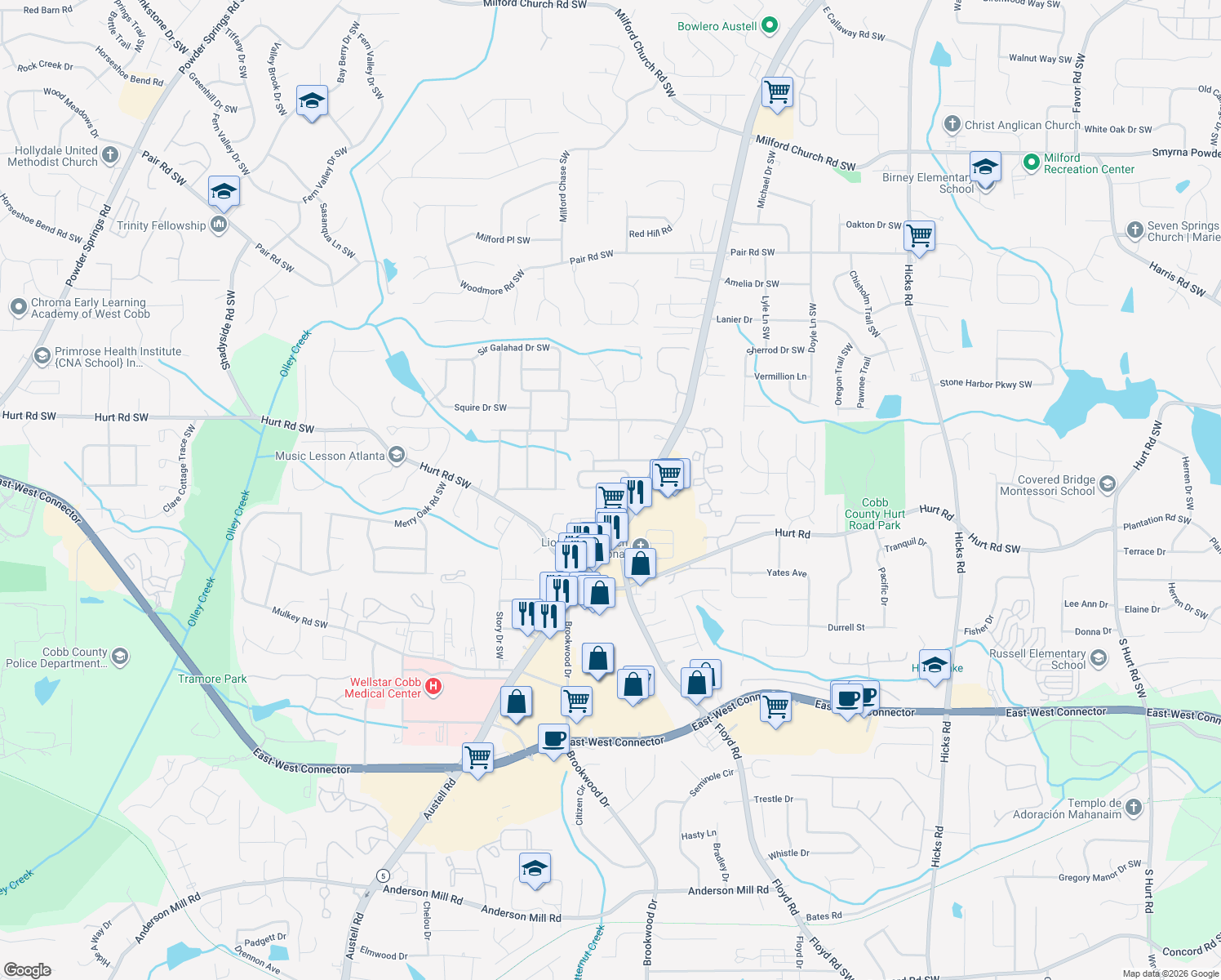 map of restaurants, bars, coffee shops, grocery stores, and more near 1383 Park Brooke Circle Southwest in Marietta