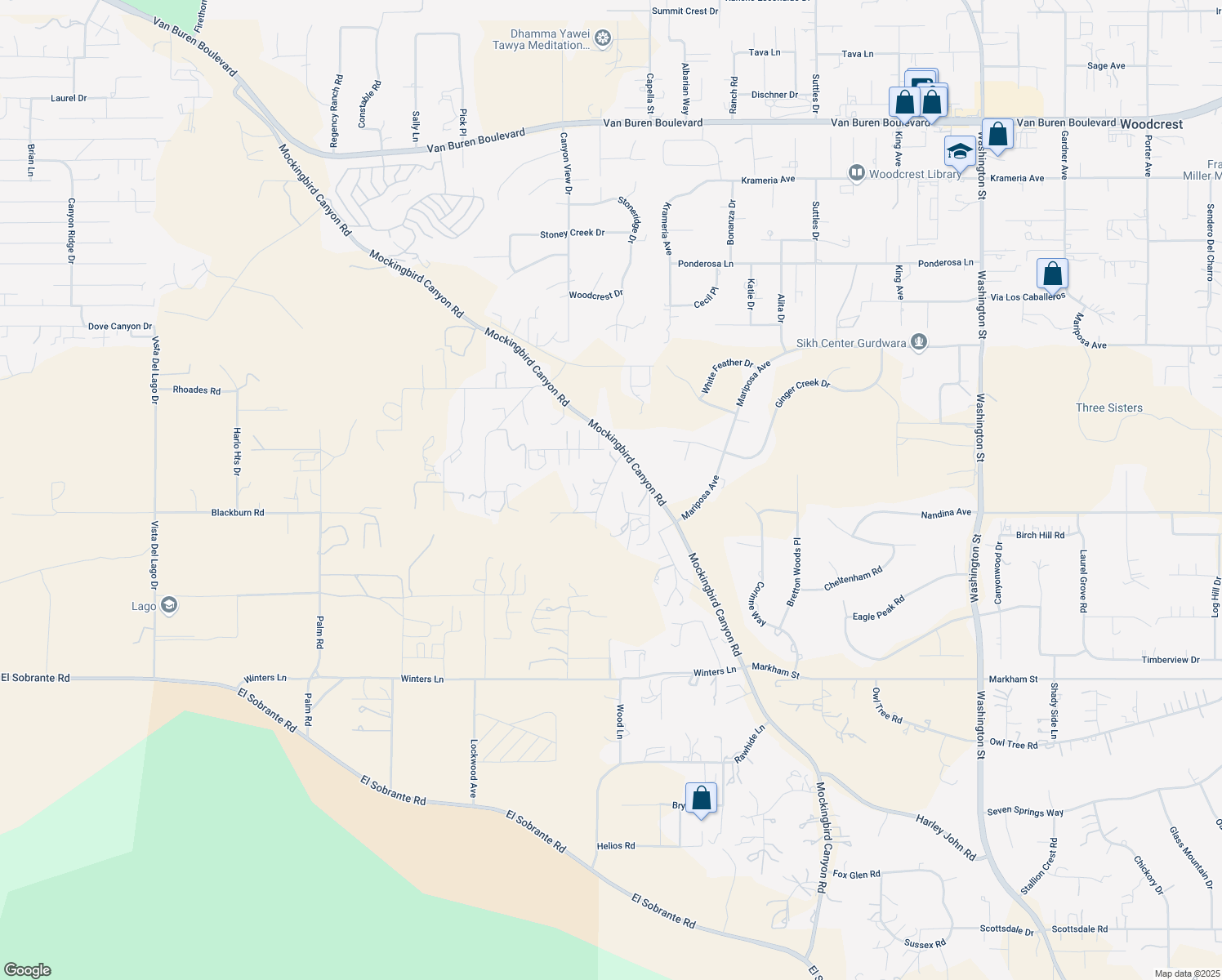 map of restaurants, bars, coffee shops, grocery stores, and more near 17335 Vía Frontera in Riverside