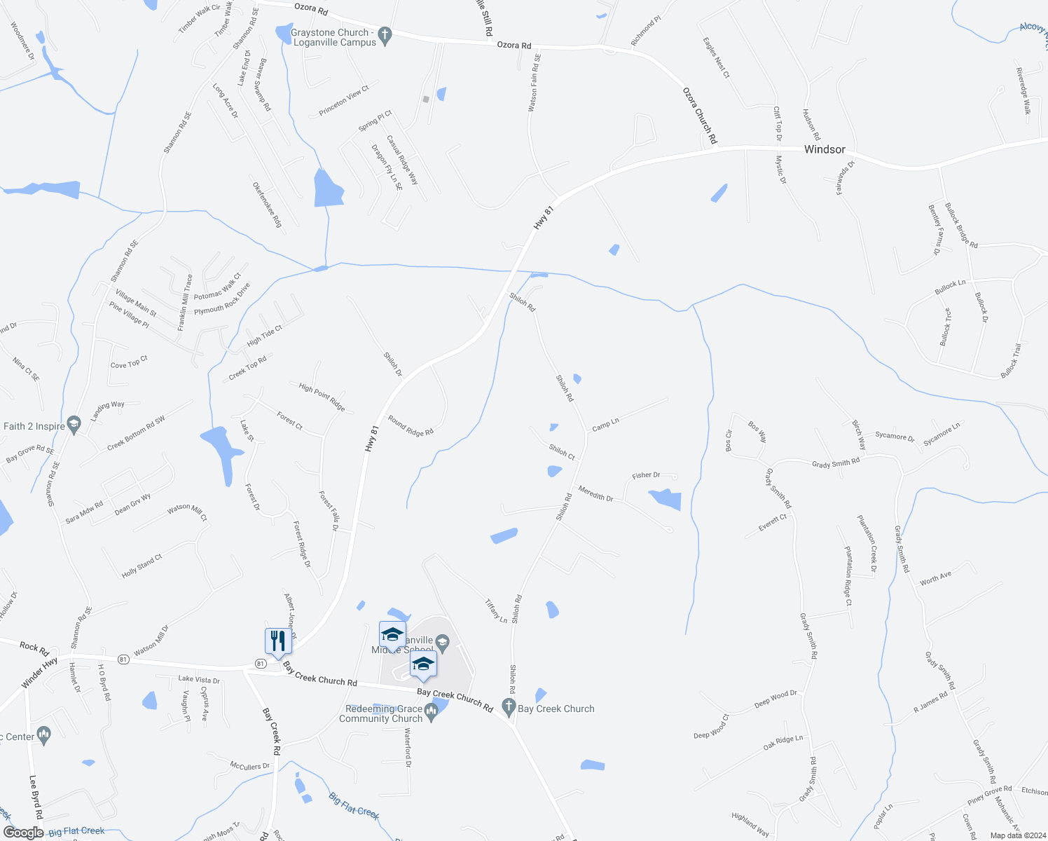 map of restaurants, bars, coffee shops, grocery stores, and more near 4155 Shiloh Court in Loganville