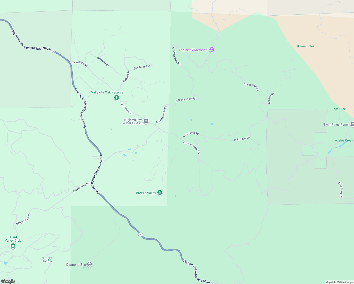 map of restaurants, bars, coffee shops, grocery stores, and more near 48085 Twin Pines Road in Banning