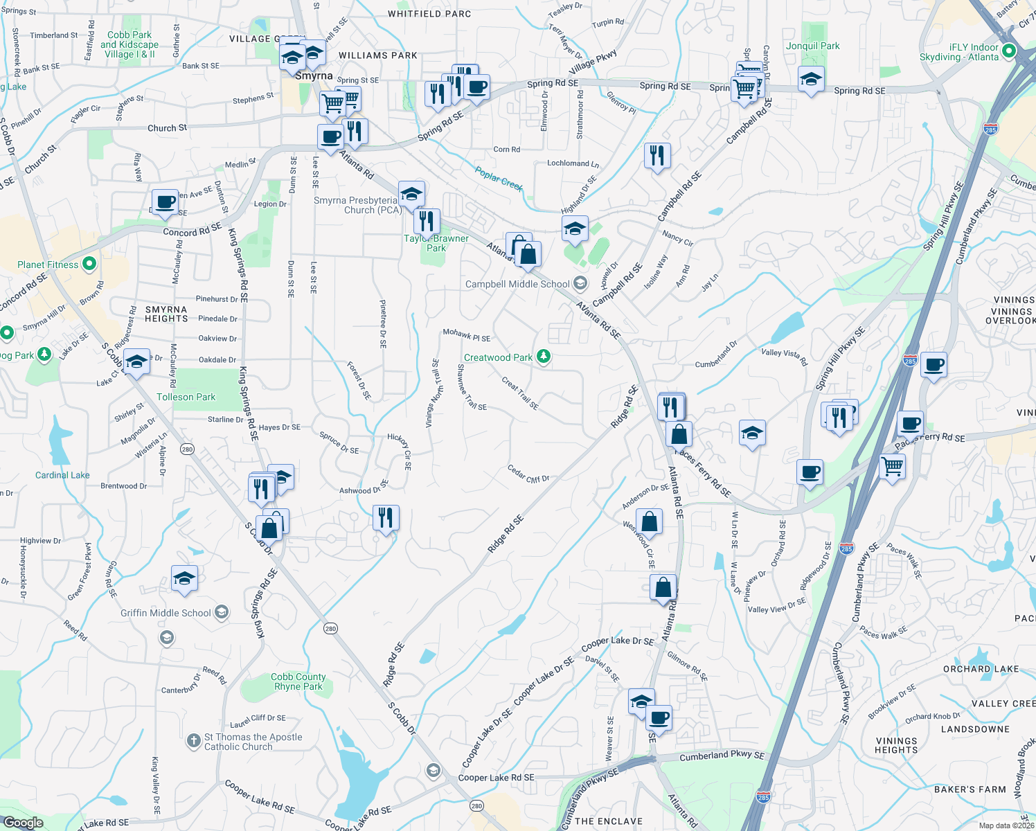 map of restaurants, bars, coffee shops, grocery stores, and more near 3477 Shawnee Trail Southeast in Smyrna