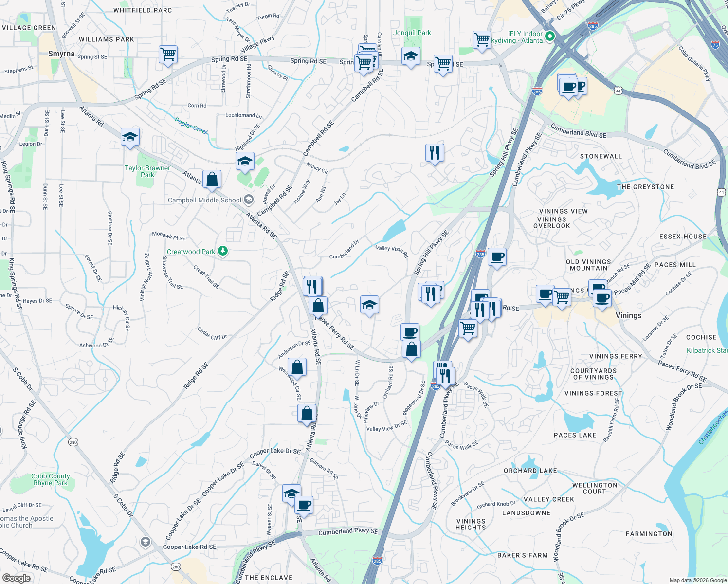 map of restaurants, bars, coffee shops, grocery stores, and more near 3650 Gatehurst Ct SE in Smyrna