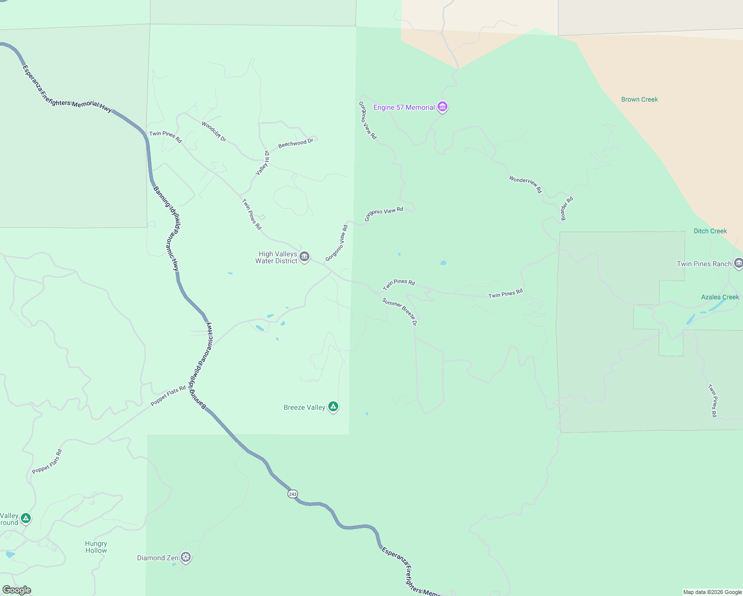 map of restaurants, bars, coffee shops, grocery stores, and more near 48085 Twin Pines Road in Banning