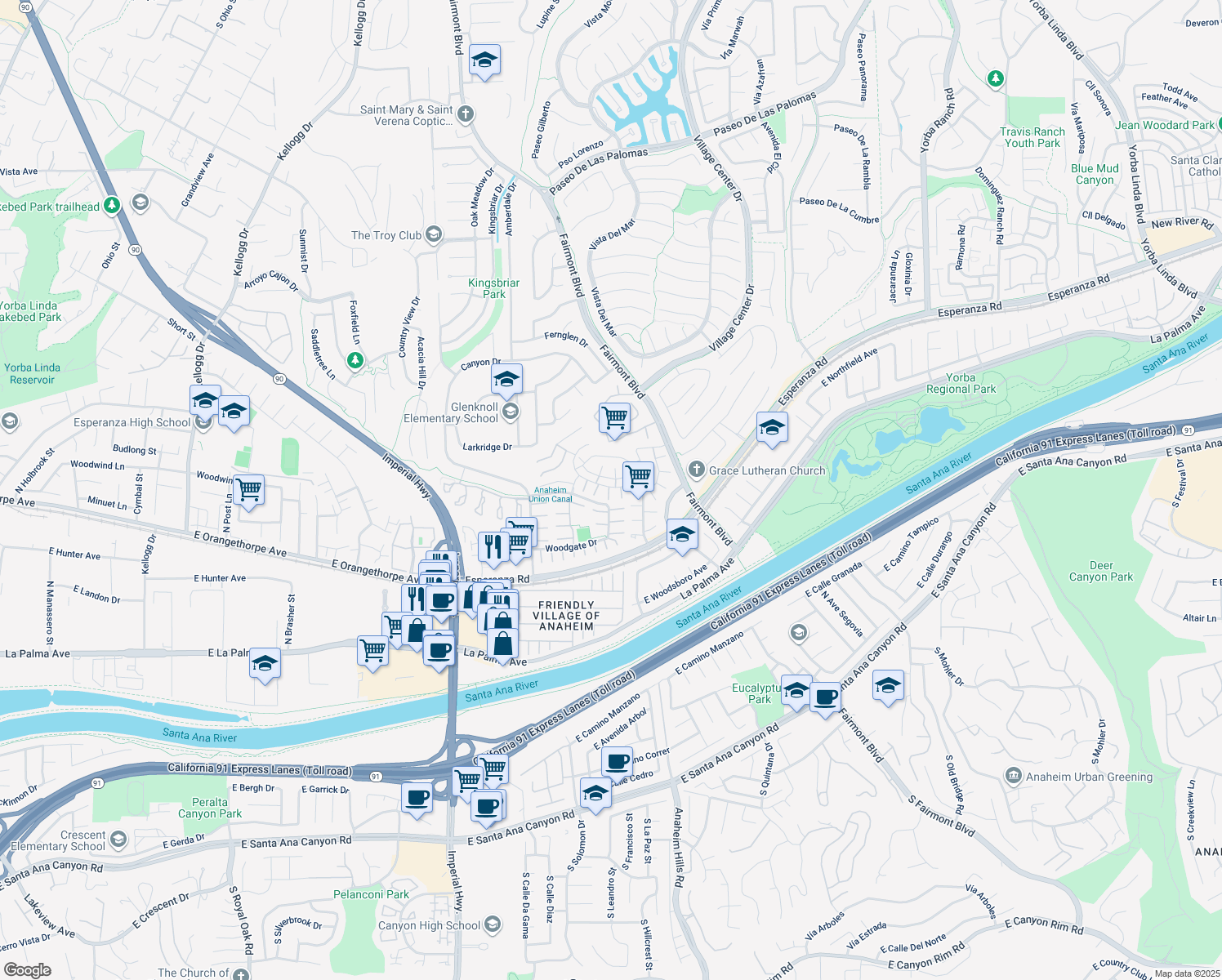 map of restaurants, bars, coffee shops, grocery stores, and more near 6478 Horse Shoe Lane in Yorba Linda