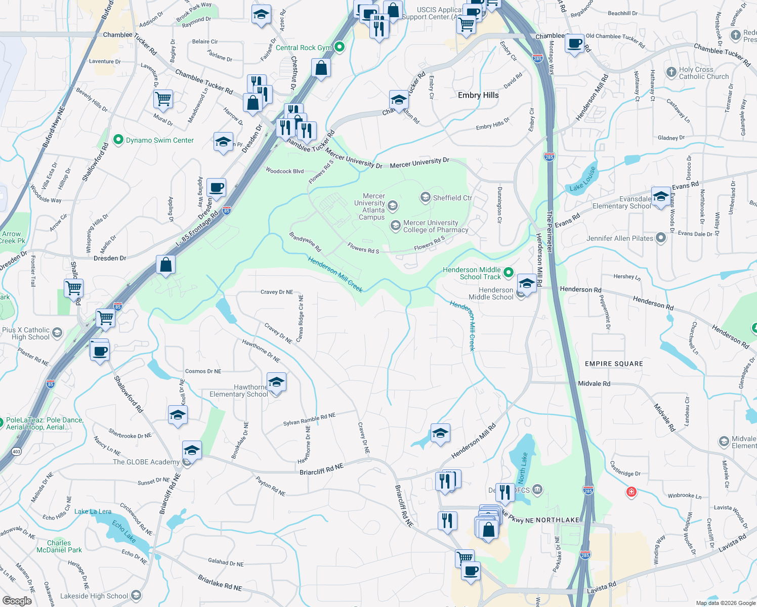 map of restaurants, bars, coffee shops, grocery stores, and more near 2836 Rangewood Terrace in Atlanta
