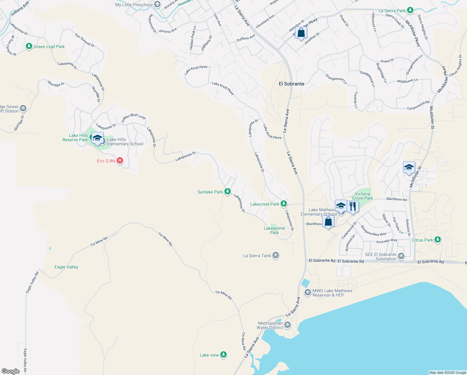 map of restaurants, bars, coffee shops, grocery stores, and more near 17400 Sun Lake Terrace in Riverside