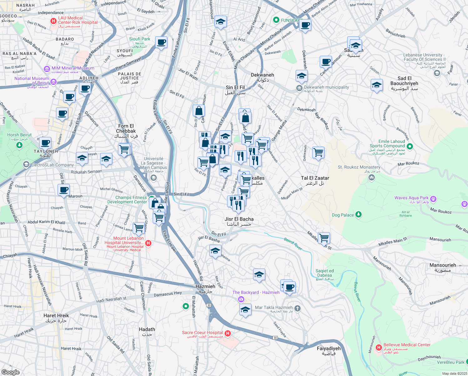 map of restaurants, bars, coffee shops, grocery stores, and more near Cardinal Sayegh in Matn
