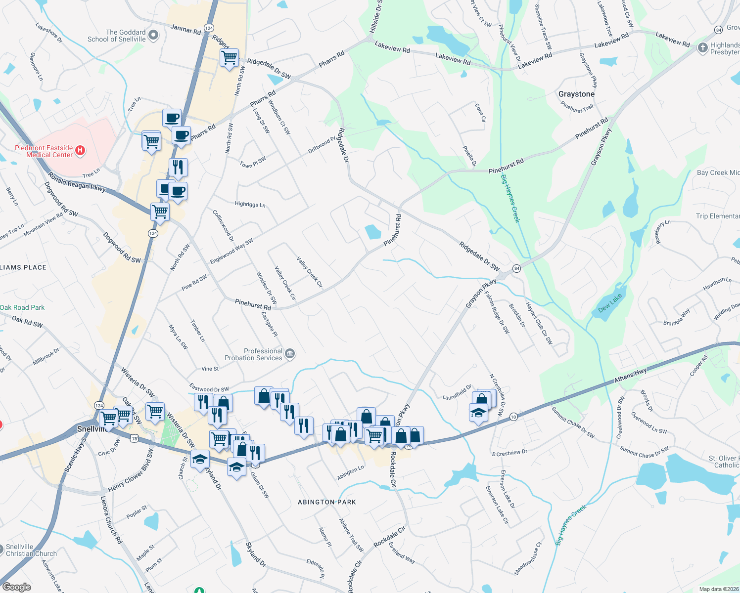 map of restaurants, bars, coffee shops, grocery stores, and more near 2335 Sycamore Dr in Snellville