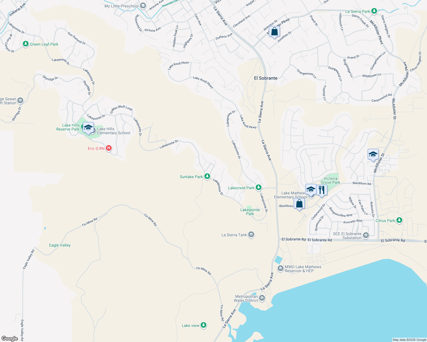 map of restaurants, bars, coffee shops, grocery stores, and more near 17384 Sun Lake Terrace in Riverside