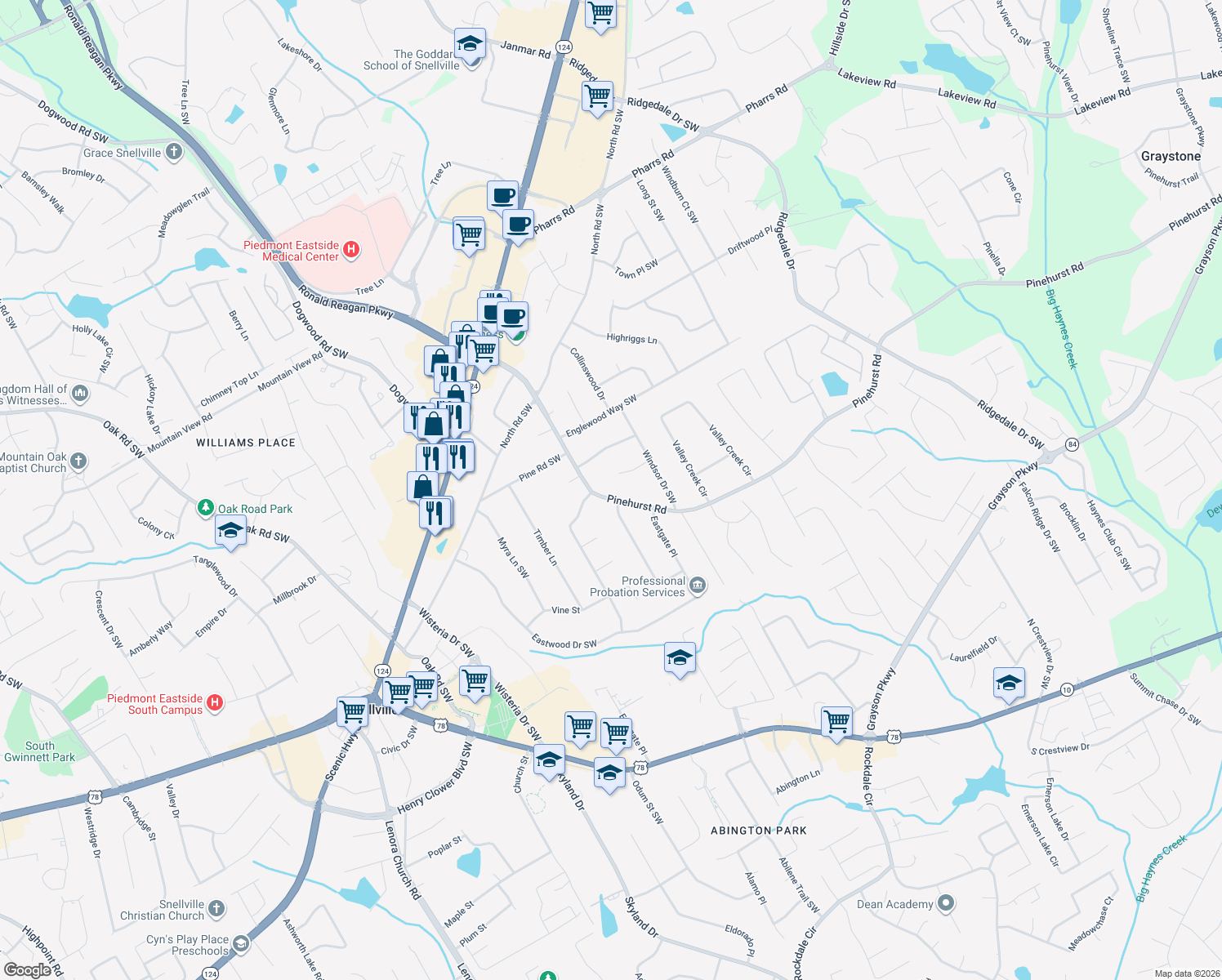 map of restaurants, bars, coffee shops, grocery stores, and more near 2089 Pinehurst Rd in Snellville