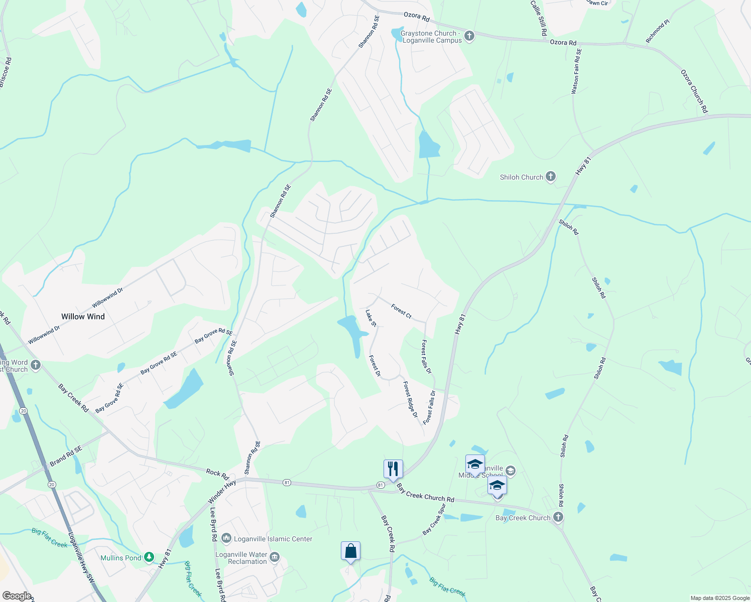map of restaurants, bars, coffee shops, grocery stores, and more near Lake Drive in Walton County