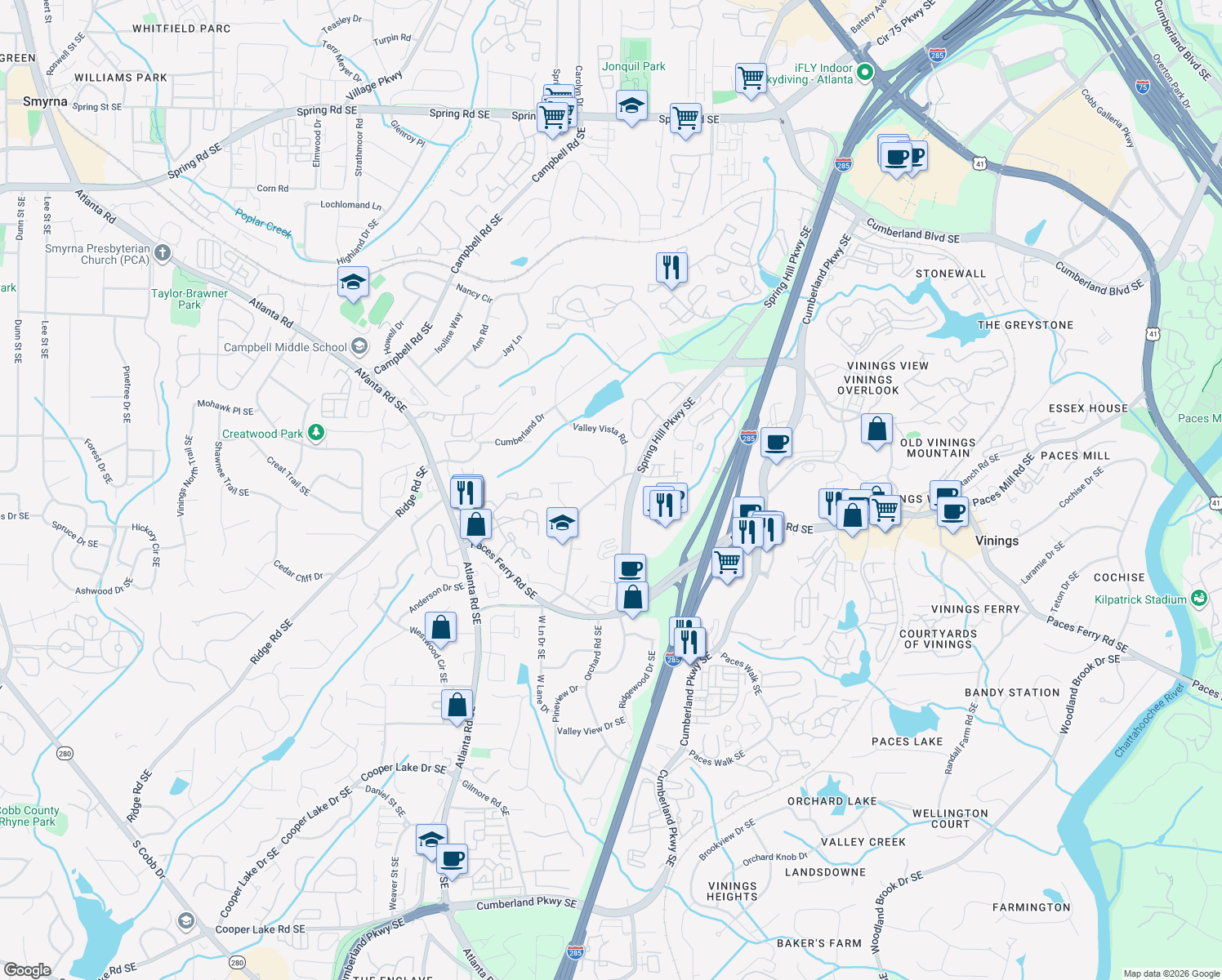 map of restaurants, bars, coffee shops, grocery stores, and more near 3528 Simpson Farm Drive Southeast in Smyrna