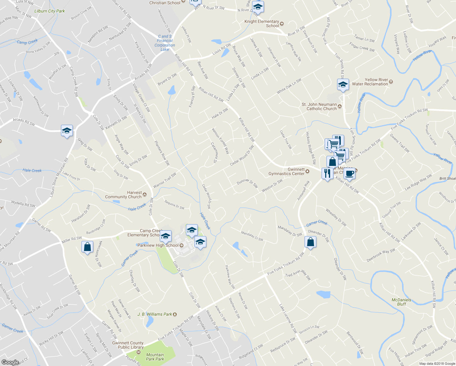 map of restaurants, bars, coffee shops, grocery stores, and more near 833 Angevine Court Southwest in Lilburn