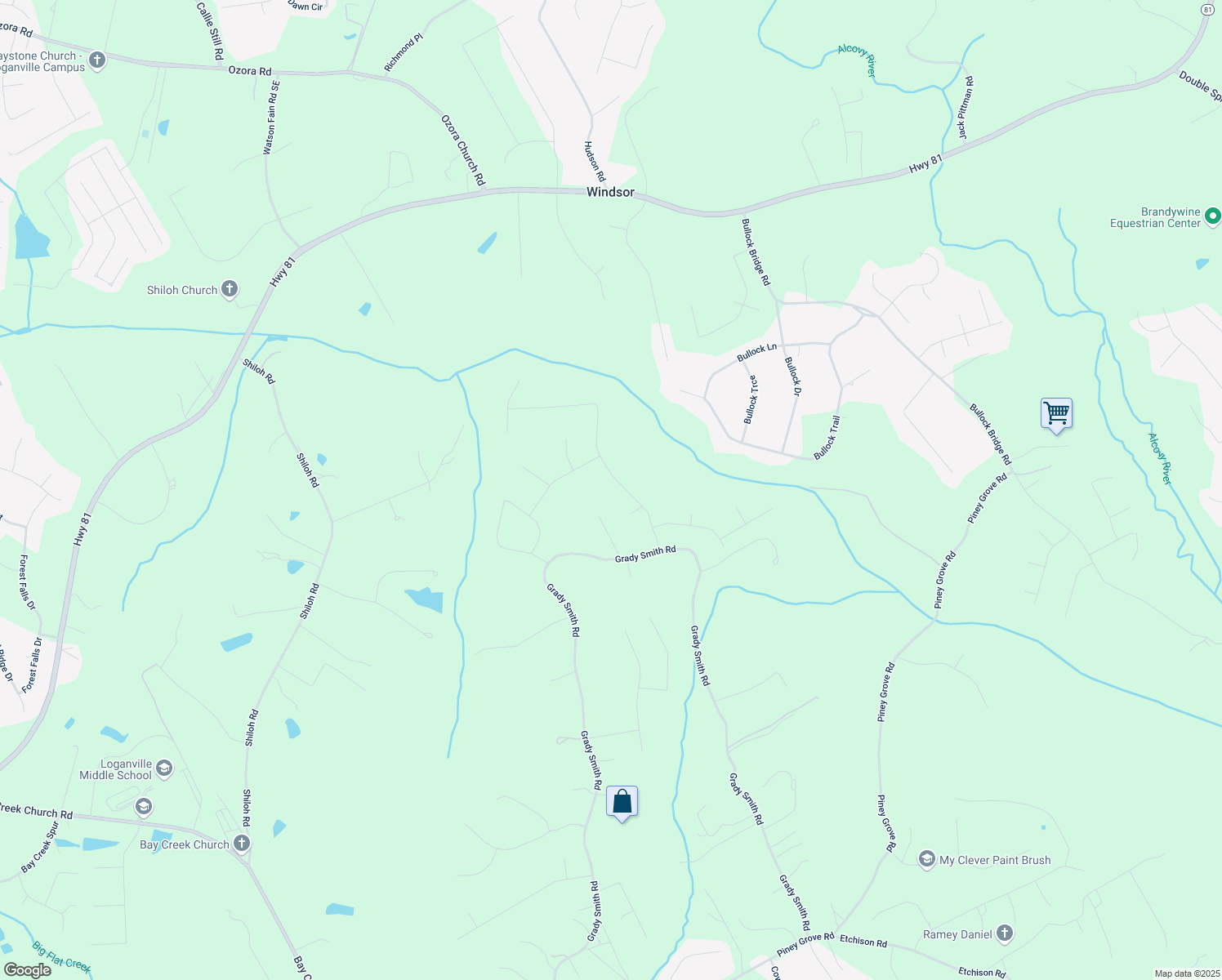 map of restaurants, bars, coffee shops, grocery stores, and more near 4575 Birch Way in Loganville