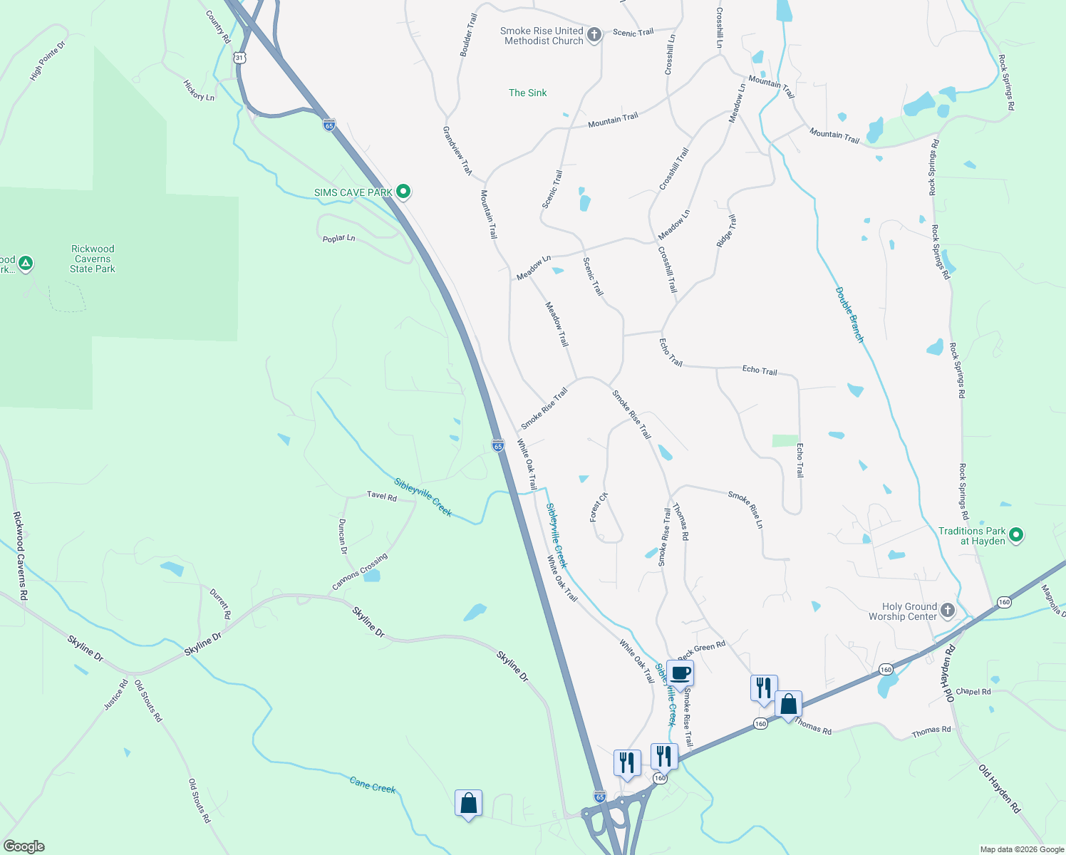 map of restaurants, bars, coffee shops, grocery stores, and more near 1745 Smoke Rise Trail in Warrior