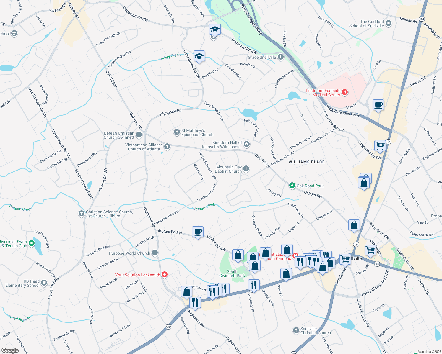 map of restaurants, bars, coffee shops, grocery stores, and more near 2915 Manor Brook Ct in Snellville