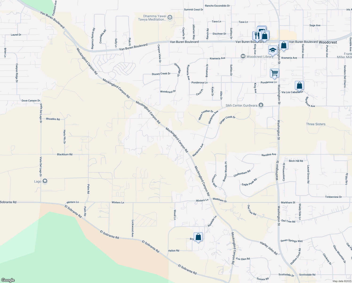 map of restaurants, bars, coffee shops, grocery stores, and more near 17371 Mockingbird Canyon Road in Riverside