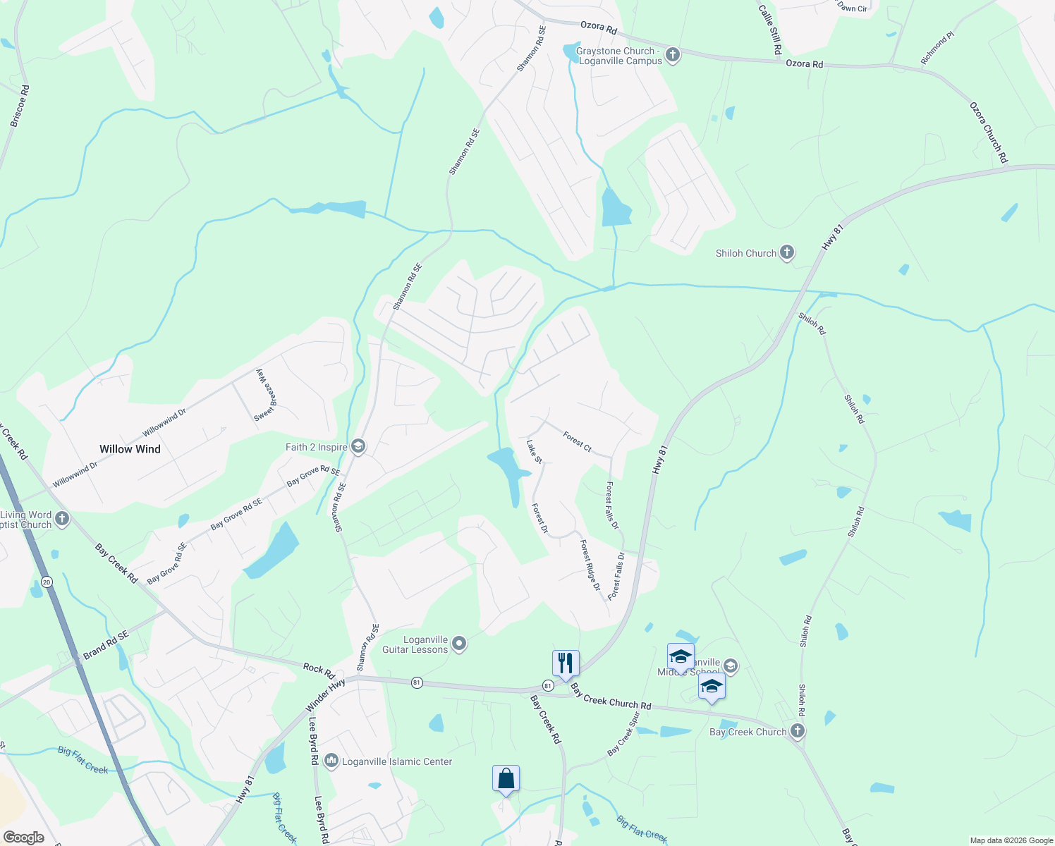 map of restaurants, bars, coffee shops, grocery stores, and more near 2948 Forest Court in Loganville