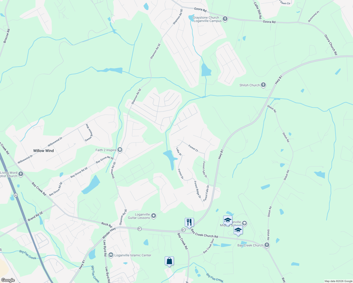 map of restaurants, bars, coffee shops, grocery stores, and more near 2948 Forest Court in Loganville