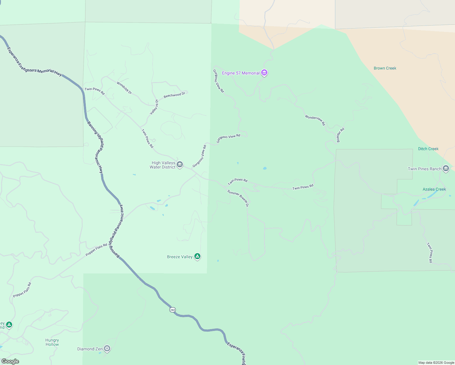map of restaurants, bars, coffee shops, grocery stores, and more near 48185 Twin Pines Road in Banning